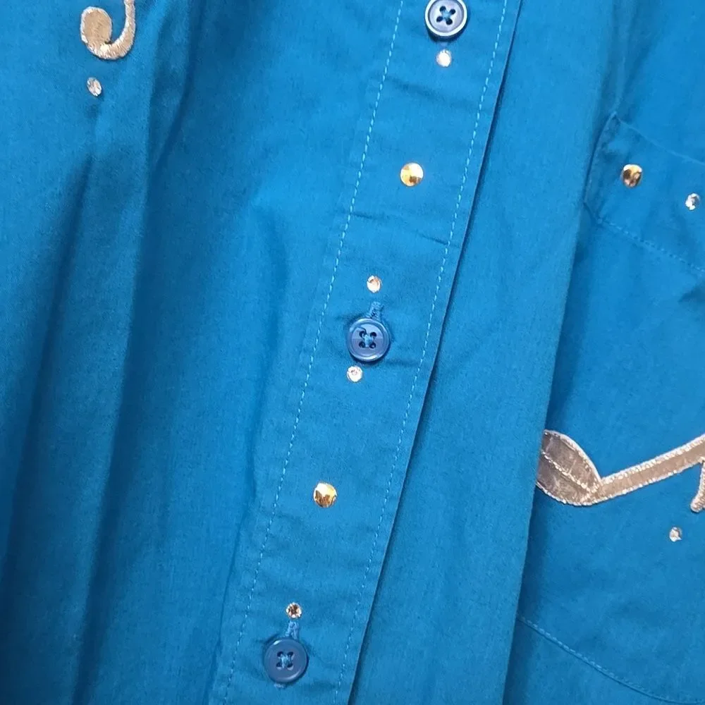 Las Olas Womens Size LARGE Embroidered BLUE Music Notes Button-Down Shirt - Picture 7 of 9